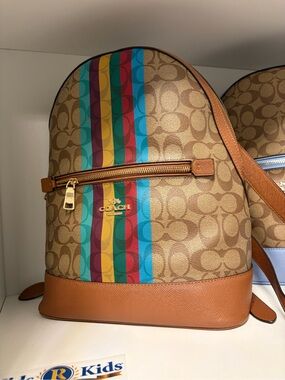 Coach Tan Signature Backpack with Multi-Color Vertical Stripes